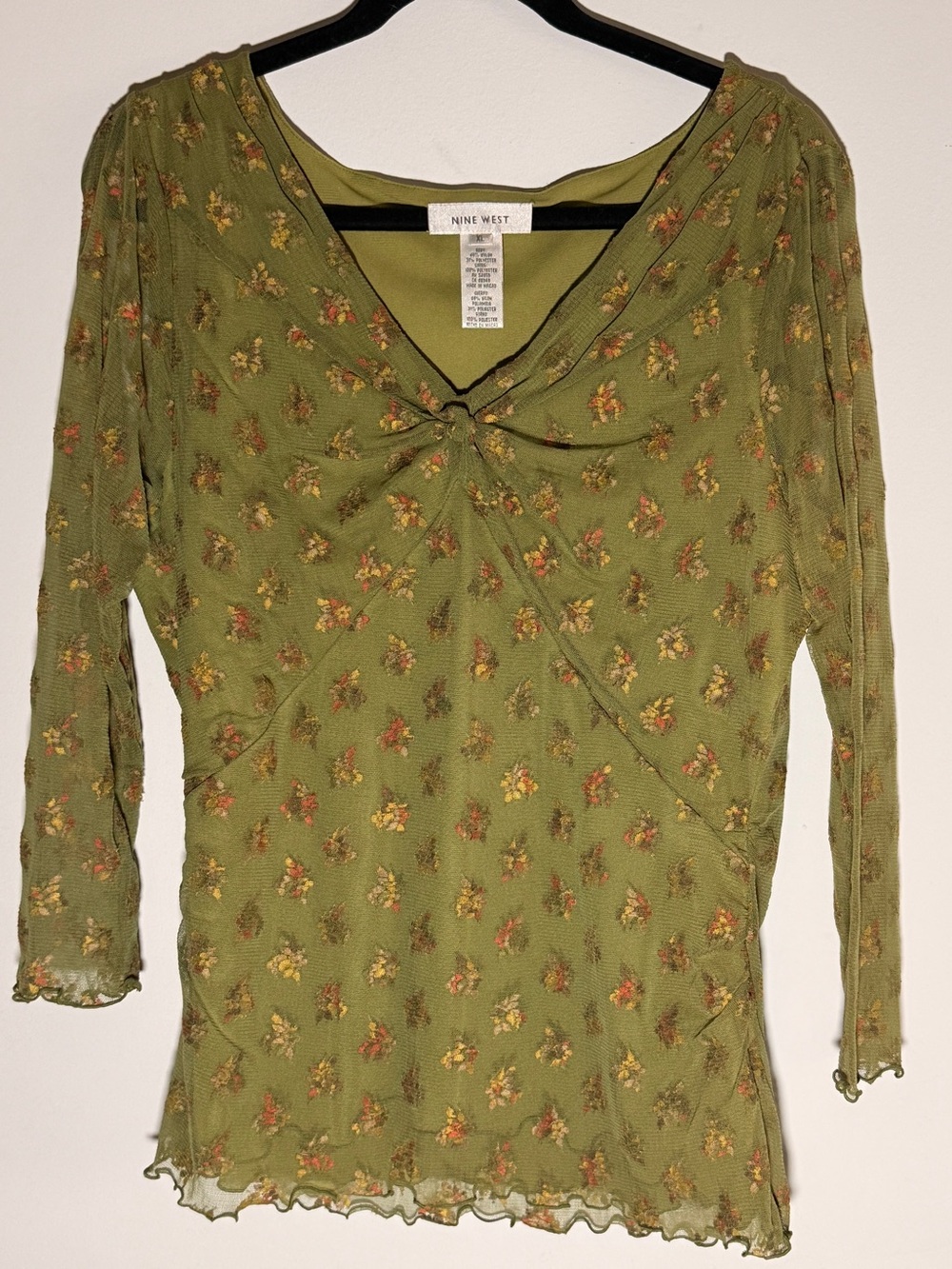Nine West Olive Green Floral Twist-Front V-Neck Top